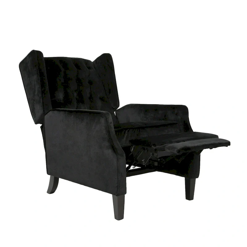Black Velvet Mid-Century Wingback Push-Back Recliner with Footrest, Button-tufted Back