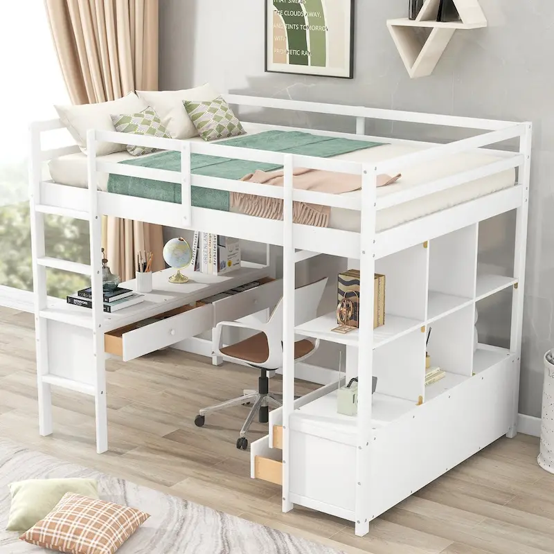 Pinewood Loft Bed with Built-in Desk, Drawers, Shelves, and Storage Cabinets