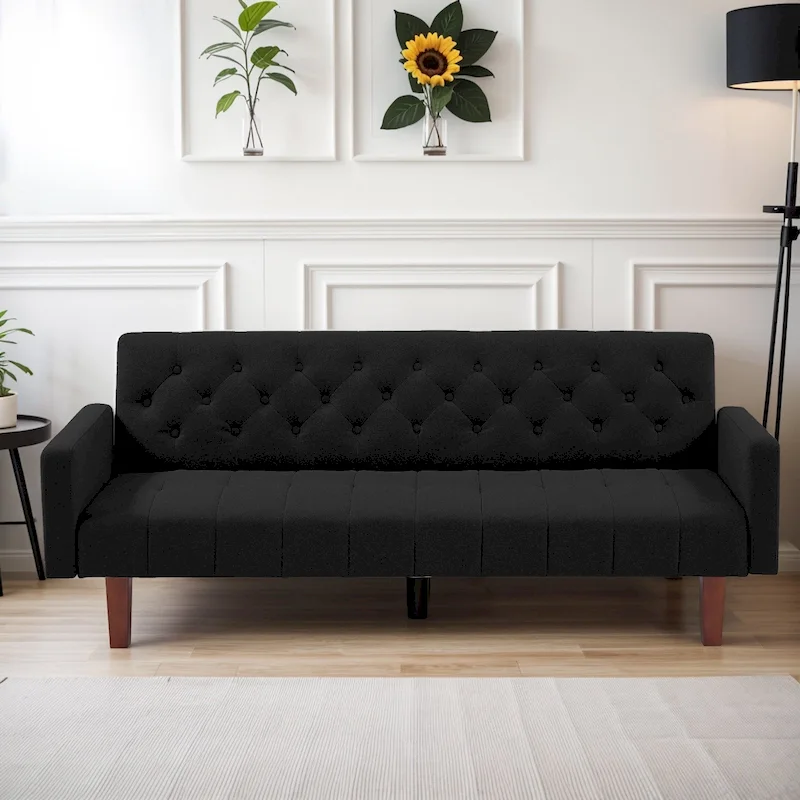 74  Velvet Futon Sofa Bed, Adjustable Backrest Convertible Loveseat Sleeper Couch with Tapered Wood Legs for Small Space