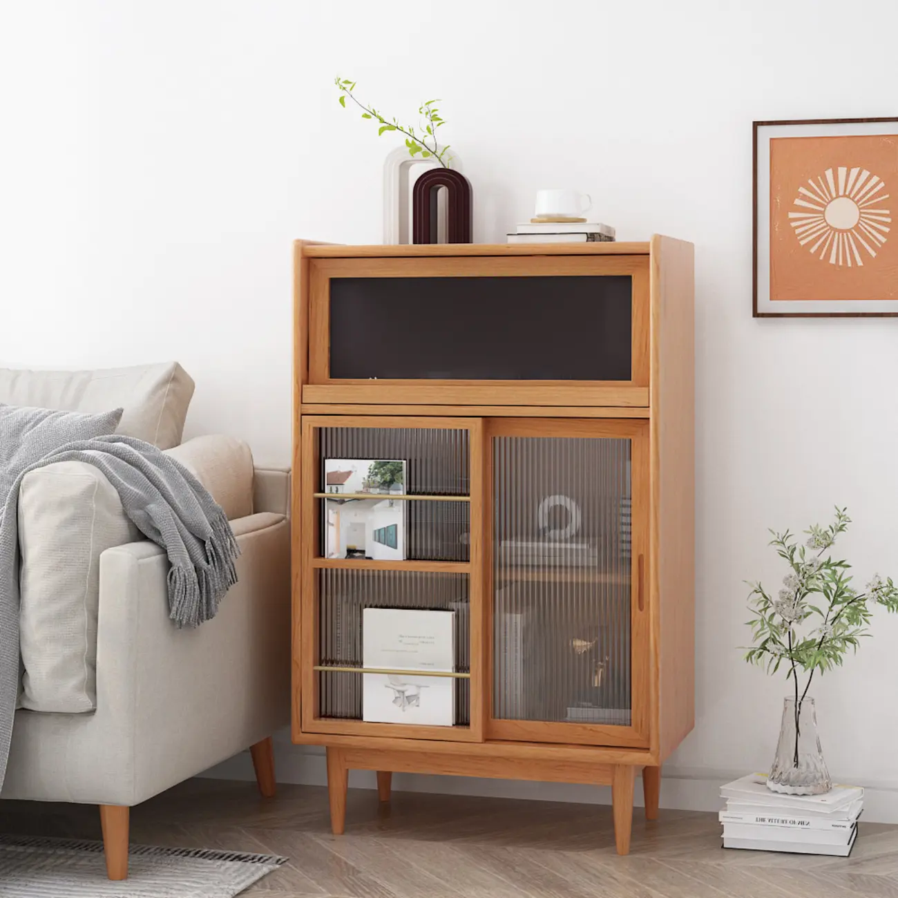 Kitchen Wood Brown China Cabinet with Rattan Doors