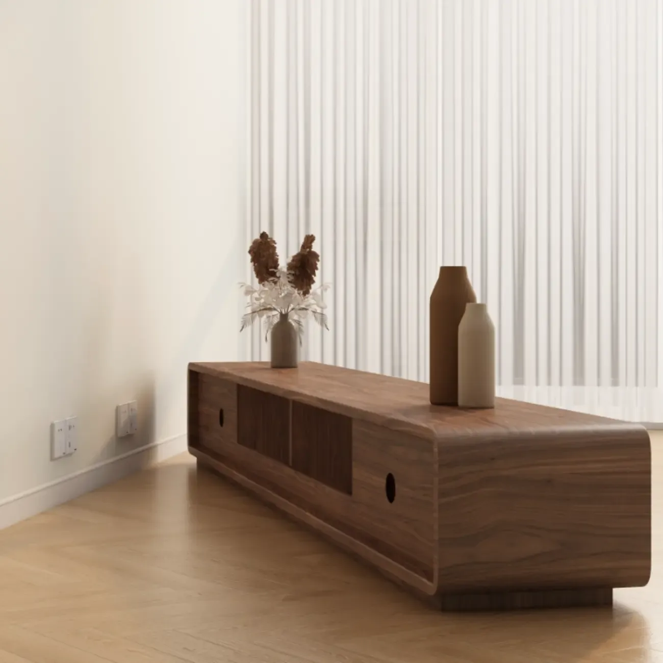 71 Mid-Century Brown Wooden Cable Management  TV Stand