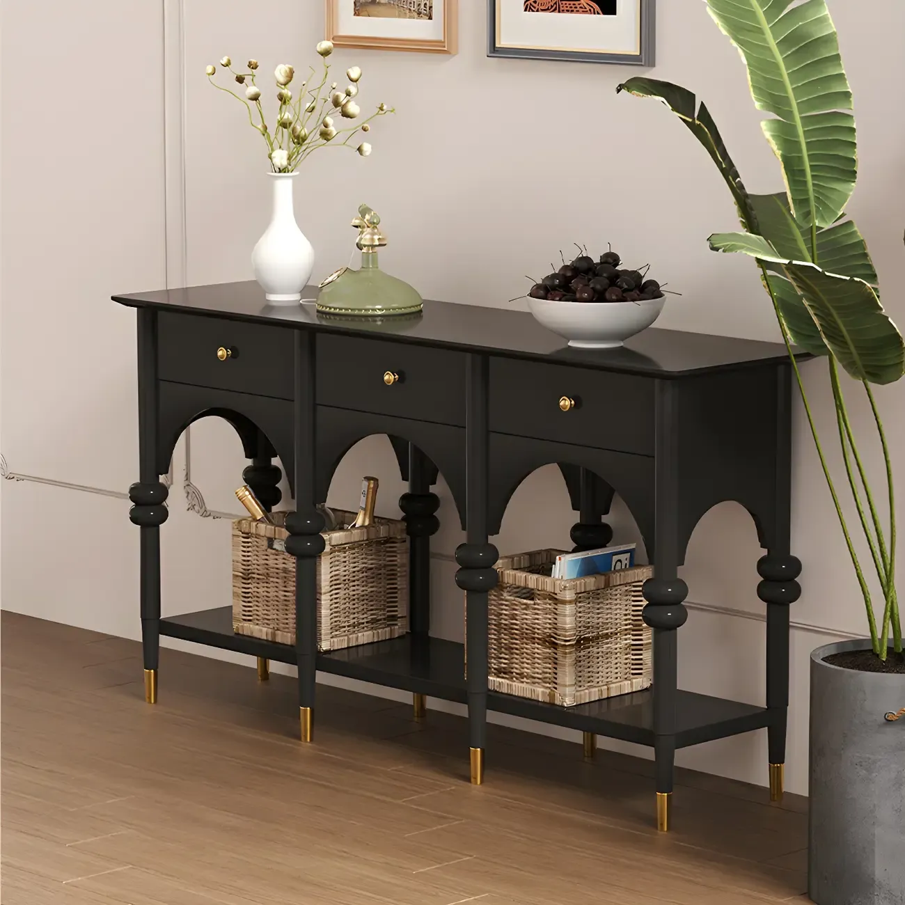 Rectangular Black Wood Console Table with Drawers