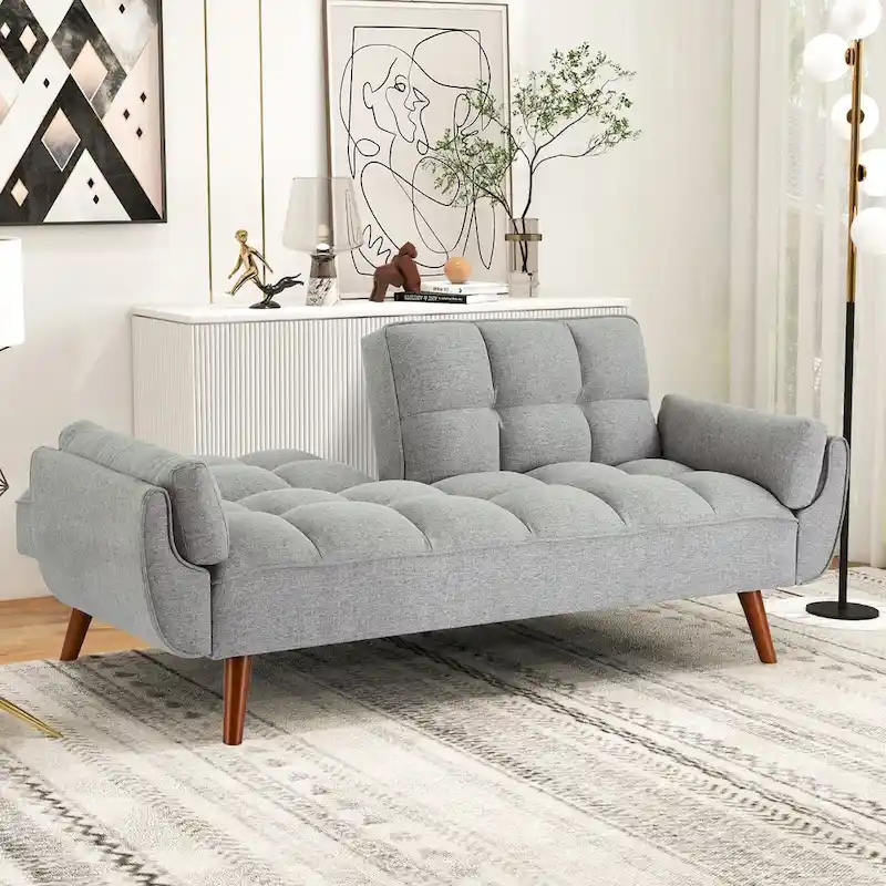 Futon Sofa Bed, Convertible Folding Futon Couch Recliner Lounge For Living Room With 2 Pillow/Armrest