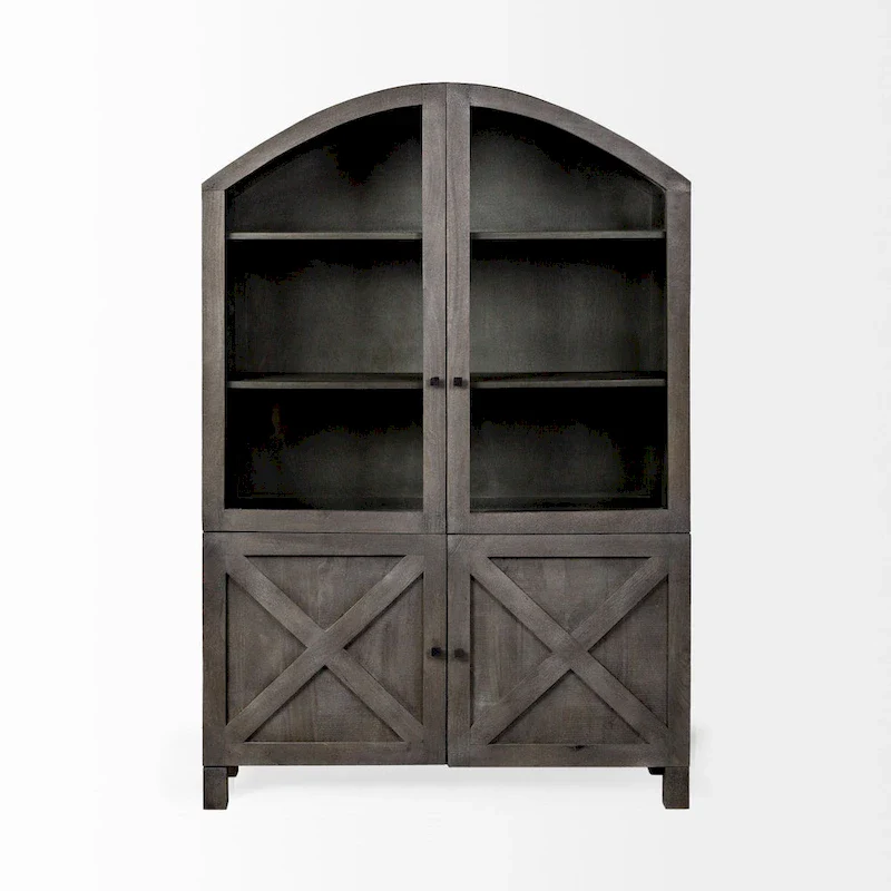 Dark Grey Solid Mango Wood Display Cabinet with Glass Doors & Arched Top
