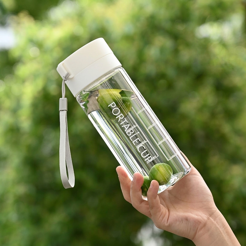 600ML Clear Water Bottle with White Lid and Carry Lanyard