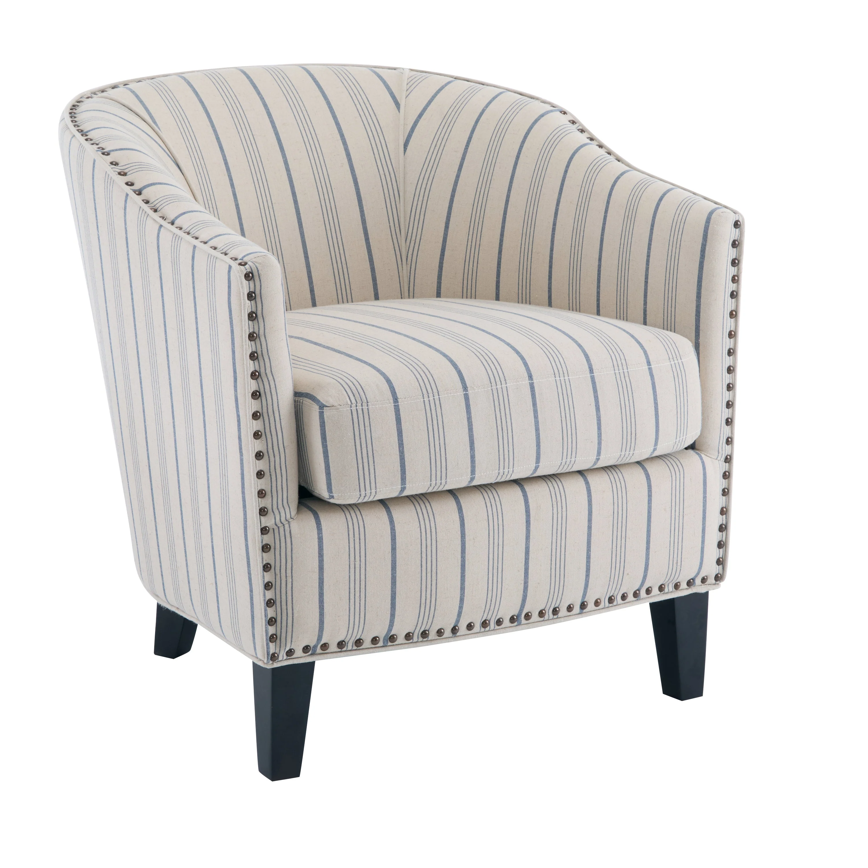 Striped Club Chair with Brass Stud Accents & Birch Wood Legs ¨C Transitional Elegance