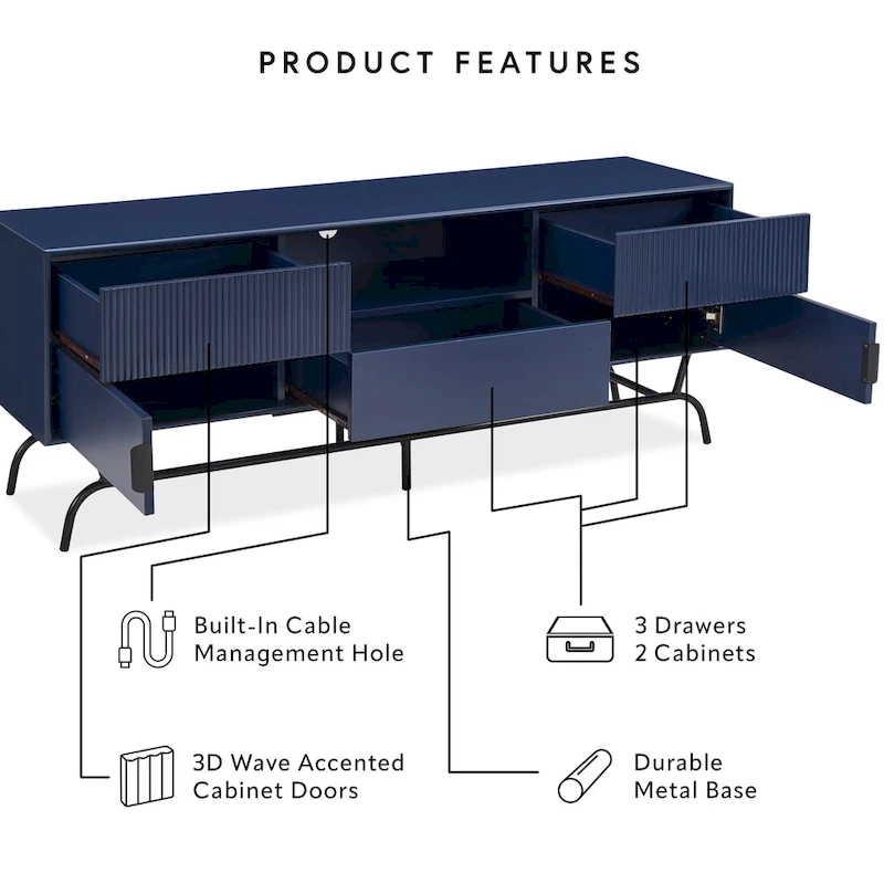 DH BASIC Modern 60-inch 3-Drawer Media Cabinet TV Stand with Cable Hole by Denhour