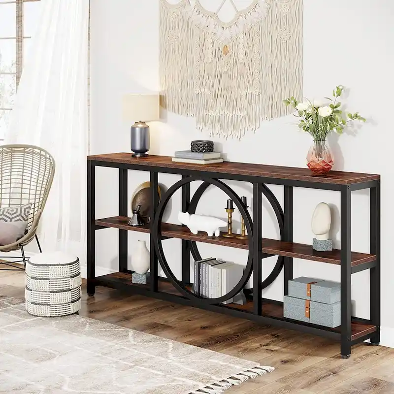 70.9-inche Sofa Console Table with Creative Metal Leg Design, 3 Tiers Narrow Long Accent Tables for Entryway