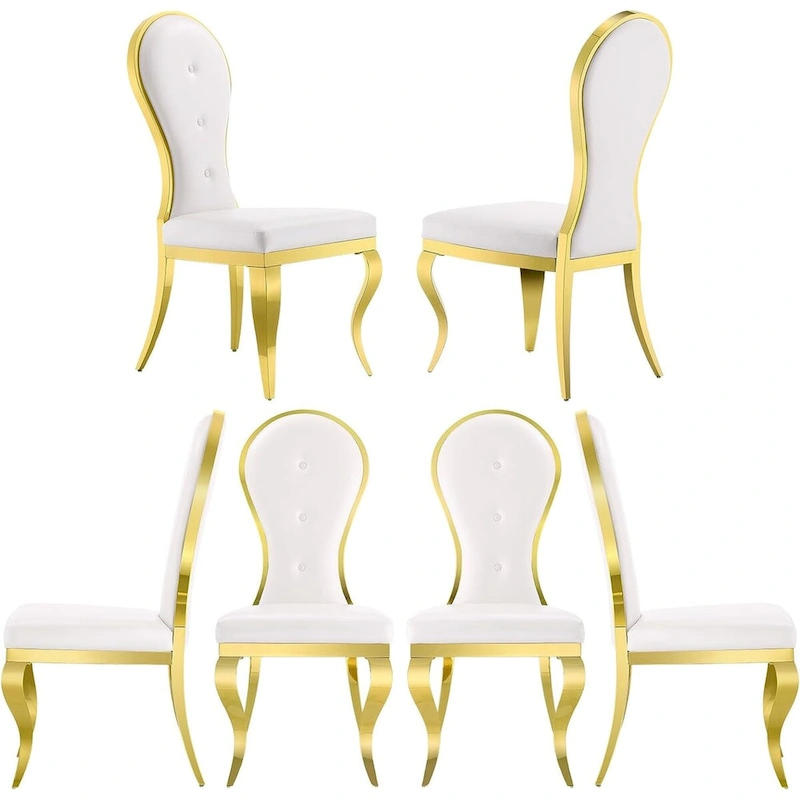 Modern Luxurious White Leather Dining Chairs with Polished Gold Stainless Steel Legs
