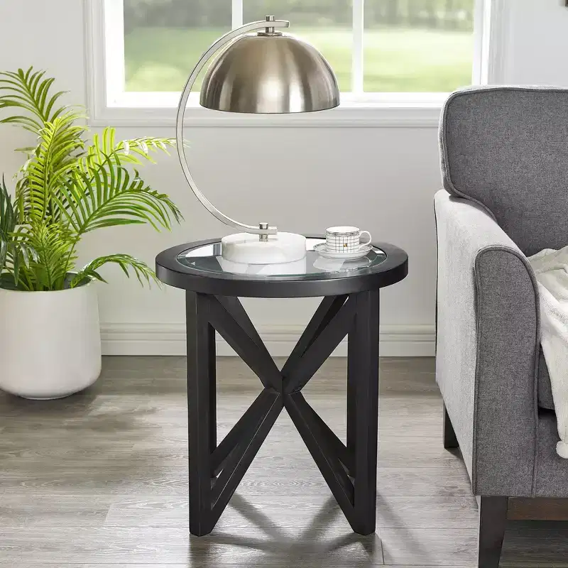 Round/Oval Coffee Table Glass End Table Cocktail Table Sofa Table Side Table Center Table, Black/Cherry-ModernLuxe