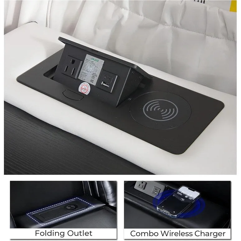 Power Reclining Sofa with Wireless Charger & LED Light – Faux Leather, Black