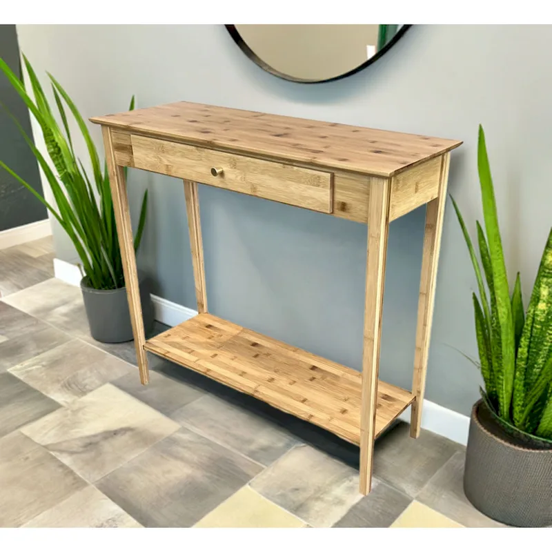 Solid Bamboo 2-Tier Console Table with Drawer