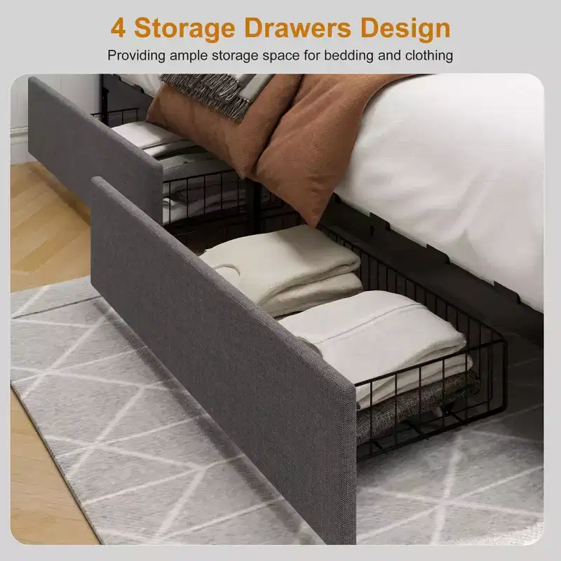 Bed Frame with 4 DrawersFabric Upholstered, Easy Assembly