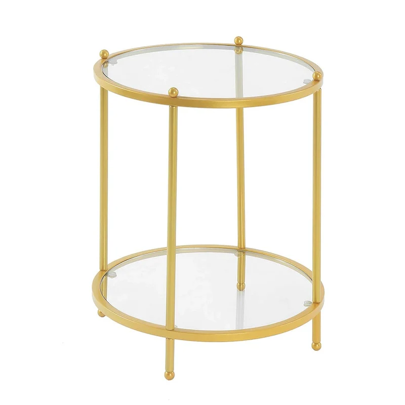 2-Tier Round Tempered Glass End Table, Chrome/Gold Frame, 18