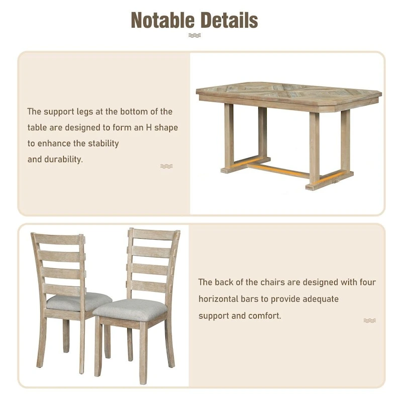 6-Piece Rubber Wood Dining Table Set with Beautiful Wood Grain Pattern Tabletop