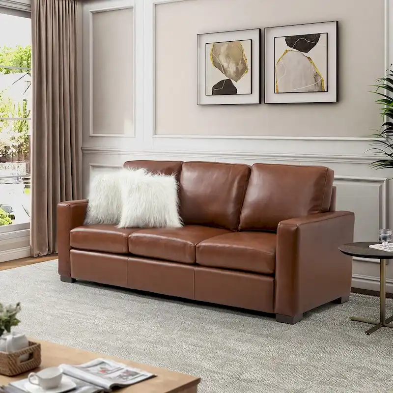 Ernando 83.46 Wide Genuine Leather Sofa with Squared Arms and Pillows