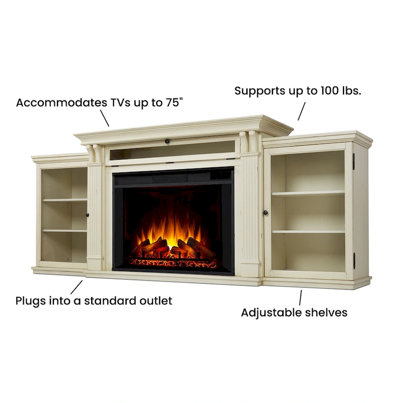 Tracey 84 TV Stand Electric Fireplace in Distressed White by Real Flame