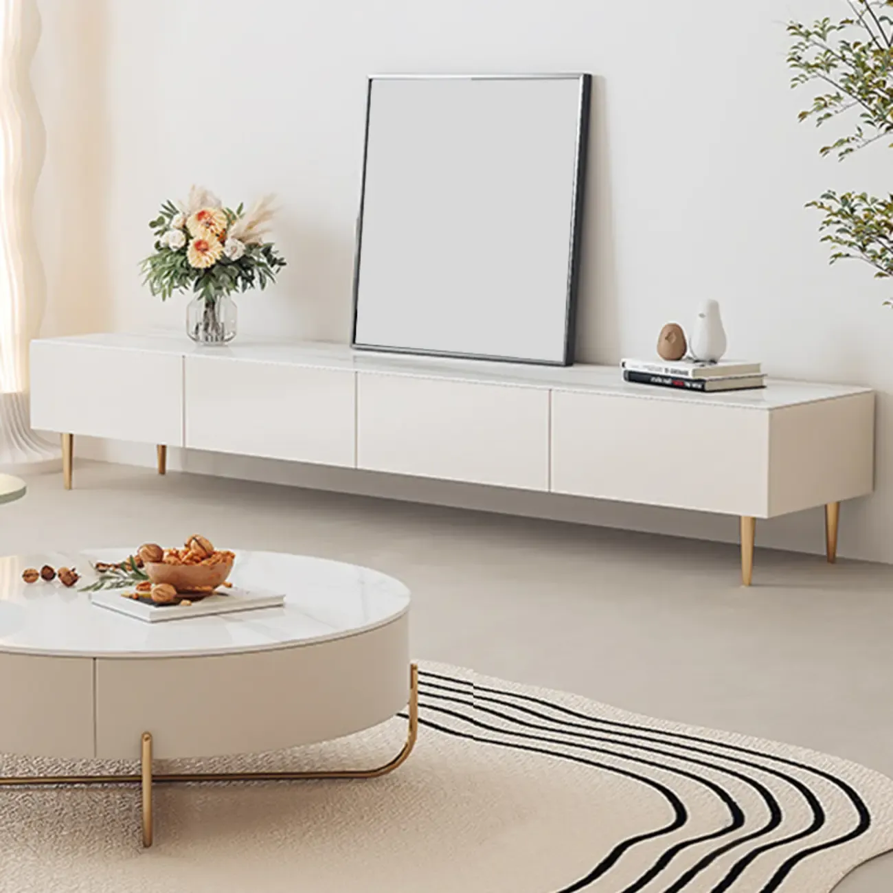 White Stone Cable Management Drawers TV Stand with Legs