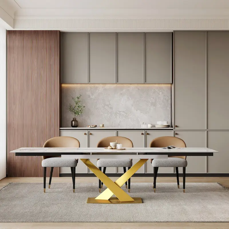 9 - Piece 94.48 Rectangular Extendable Sintered Stone Dining Table with 8 Faux leather Chairs Dining Set