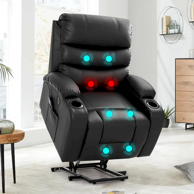 EROMMY Oversized Power Lift Recliner with Massage & Heat  PU Leather Chair with Pockets, Cup Holders & USB Port