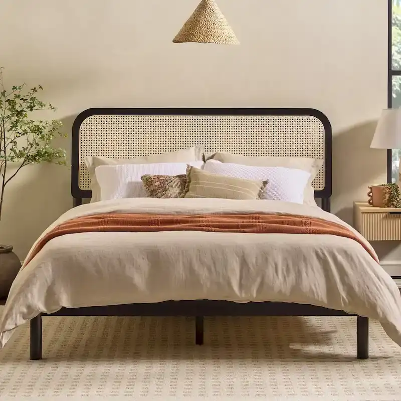 Middlebrook Designs Boho Curved Rattan Headboard Queen Bedframe