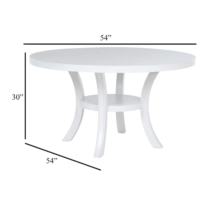 Judy Round Dining Table with Shelf and Flared Legs, White Wood 54 Inch