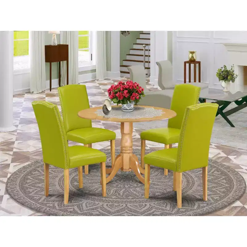 Autumn Green 5-Piece Round Extendable Dining Set for 4 with Faux Leather Arm Chairs