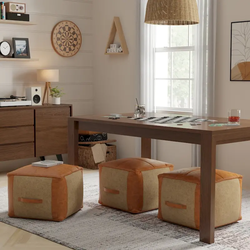 Boho Square Pouf in Tan Genuine Leather