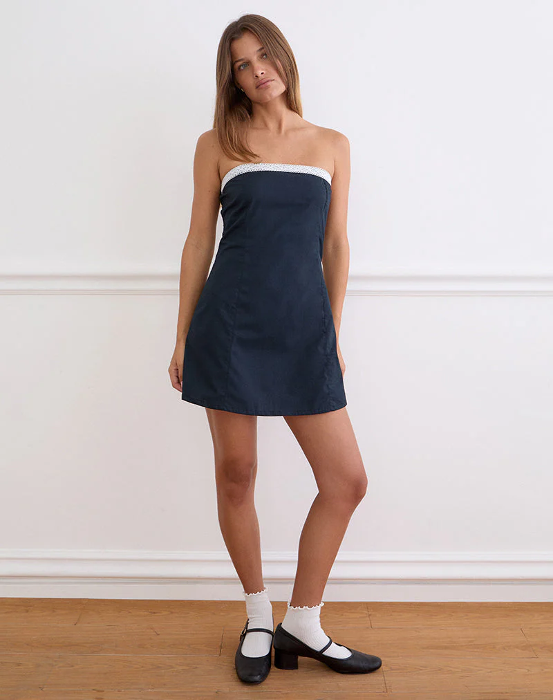 Jesamine Bandeau Dress in Dark Navy with Lace Trim