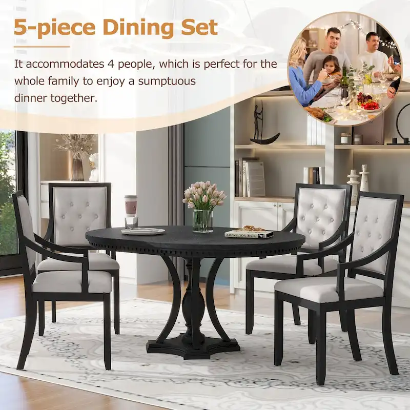 Black 5-Piece Wooden Dining Table Set with Extendable Round Table & 4 Armchairs