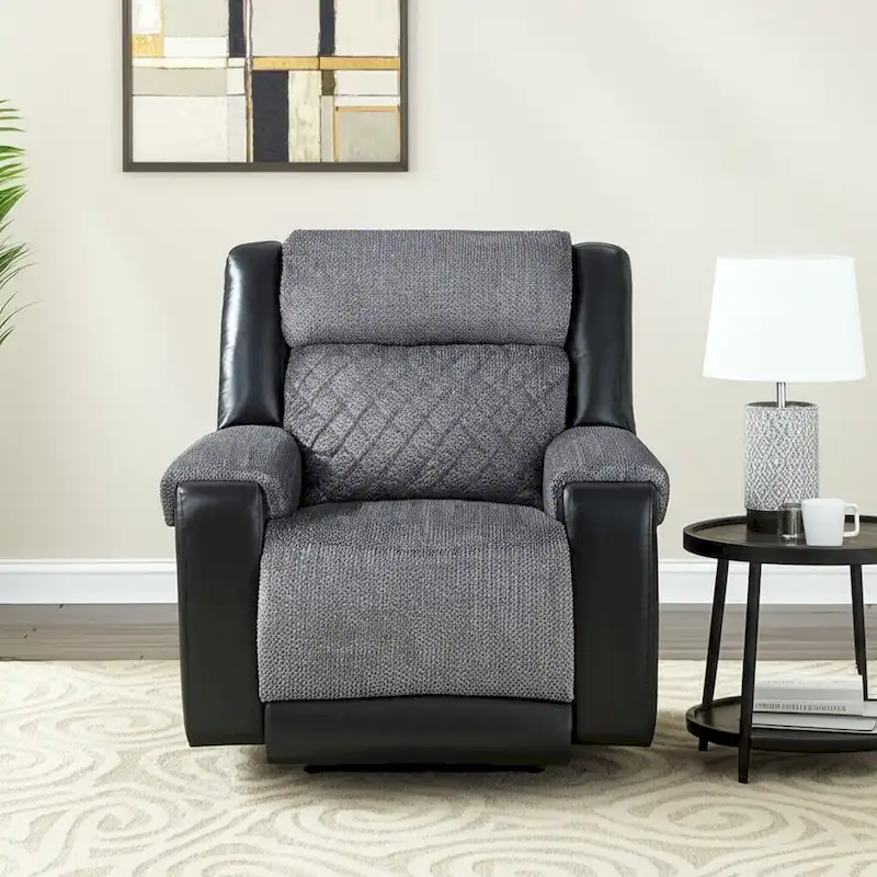 HomeRoots 39 Black And Gray Faux Leather And Fabric Manual Recliner