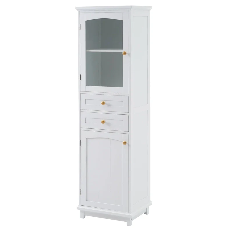 Tall Bathroom Storage Cabinet with Glass Doors Free Standing Cabinet with Two Drawers