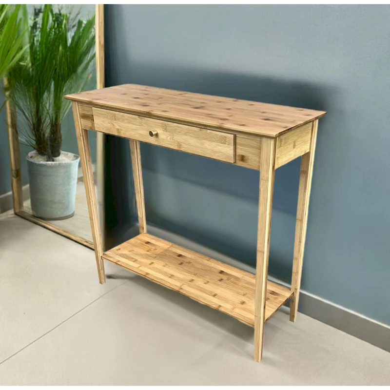 Solid Bamboo 2-Tier Console Table with Drawer