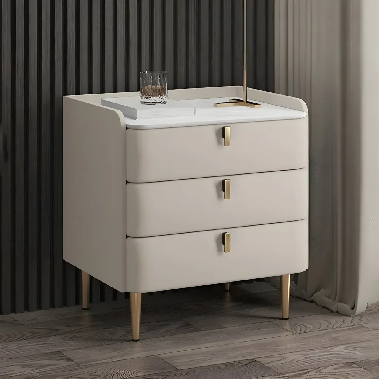 Glam Leather Sintered Stone Top Nightstand with Drawers