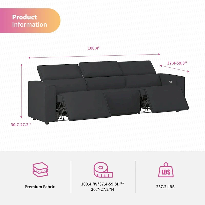 Mixoy Power Reclining Sofa, Faux Leather Electic Sofa Recliner,Theater Seating Furniture with USB Charging Station