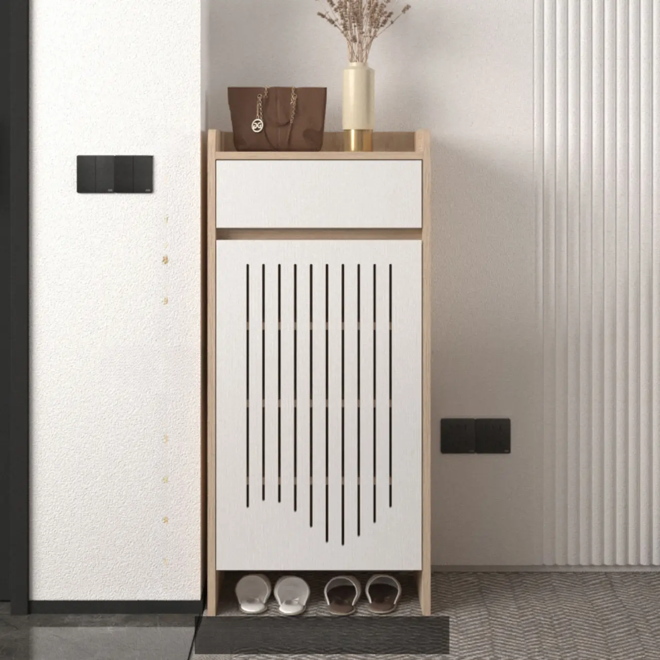 Modern Slim Wood Beige Entryway Shoe Cabinet