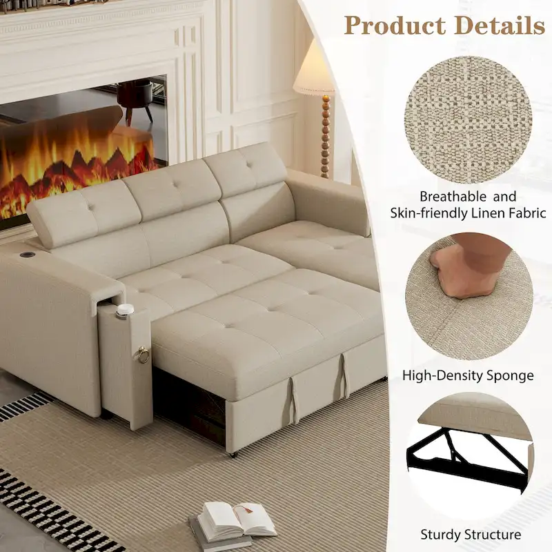 Beige L-Shape Sleeper Sectional Sofa with Adjustable Headrest & Charging