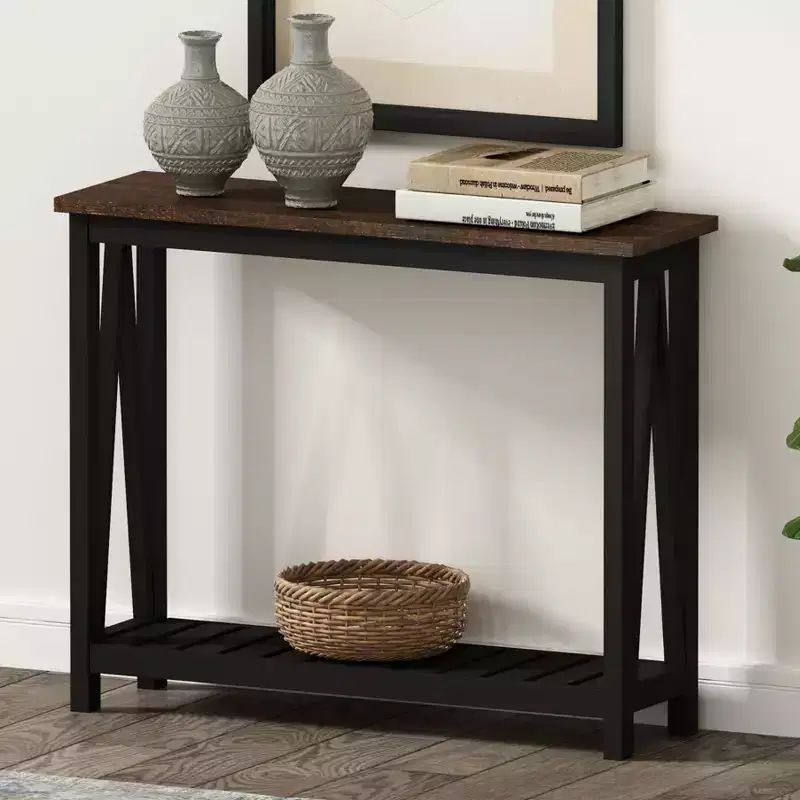 Black Frame Brown Top Rustic Console Table with Lower Shelf, 1-Person