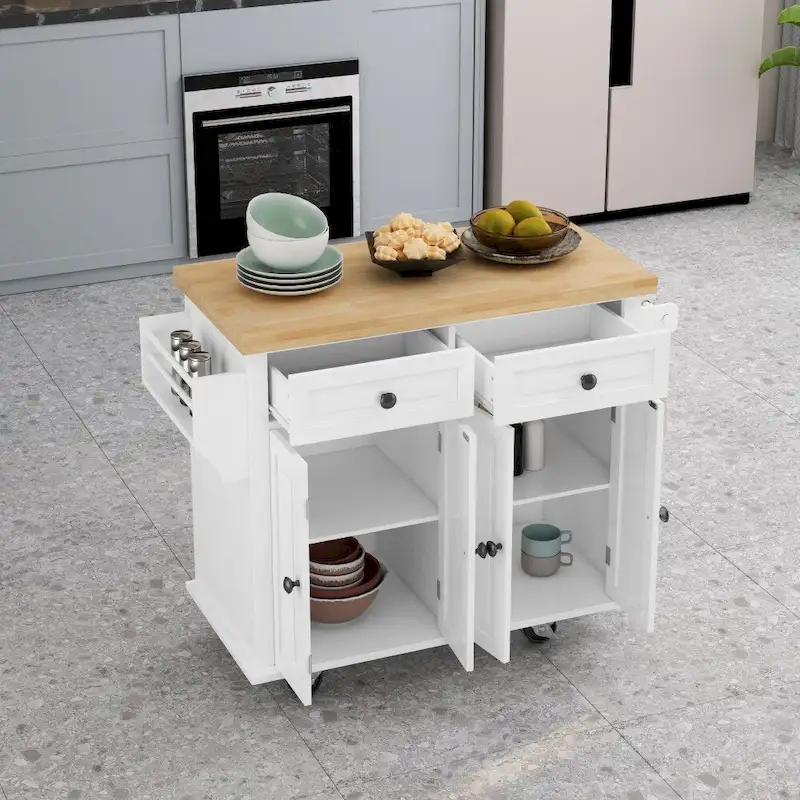 43.31 in. Kitchen Island Cart with 2 Cabinets and Spice Rack