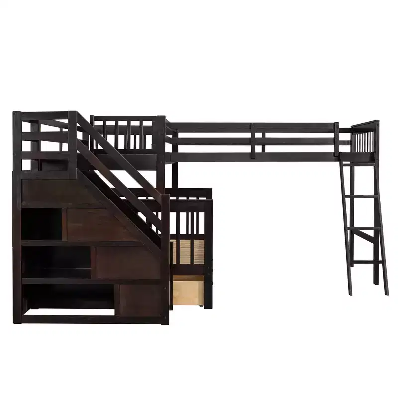 Stylish Design Twin over Full L-Shaped Bunk Bed With 3 Drawers, Ladder and Staircase