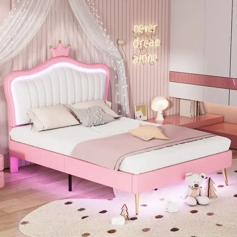 Pink LED Crown Headboard Platform Bed with MDF, Plywood, PU & Metal Frame – 600 lbs Capacity