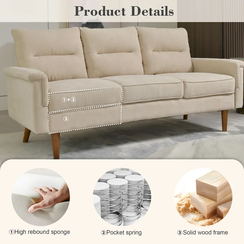 Brown Faux Leather 3-Seater Sofa with Wood Legs