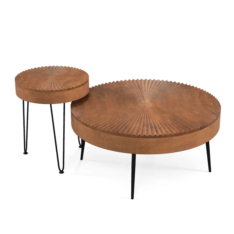 Costway Farmhouse Round CoffeeTable Set of 2 End Table Natural Finish - See Details