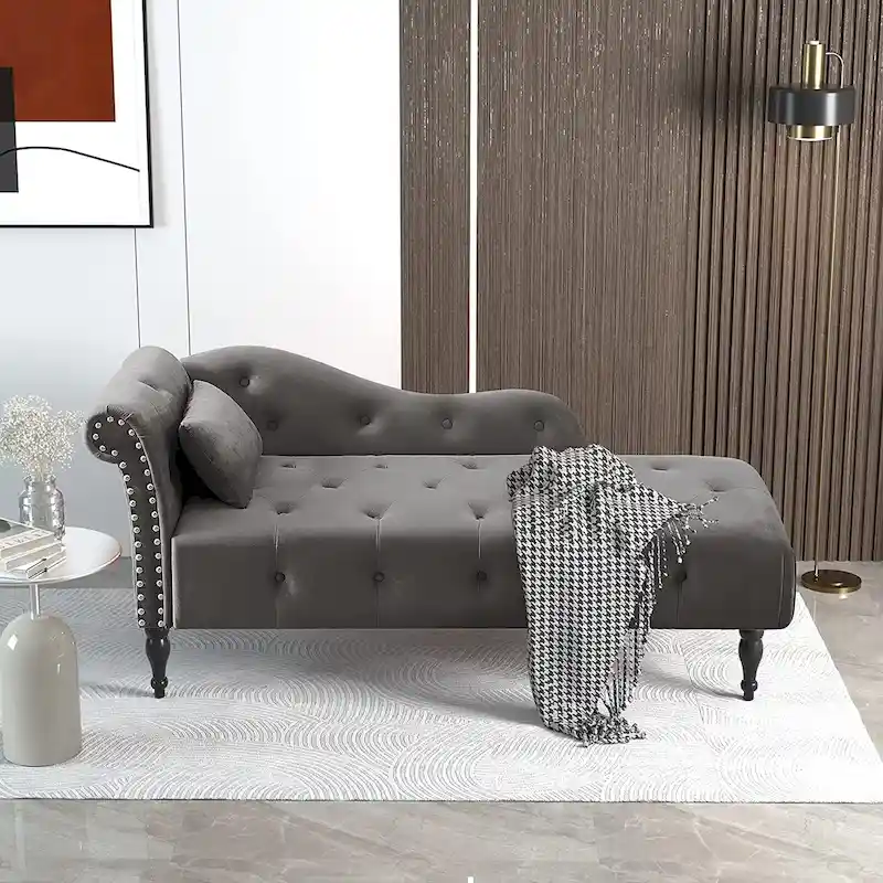 61 Velvet Chaise Lounge Chair with 1 Pillow and Nailhead Trimmed