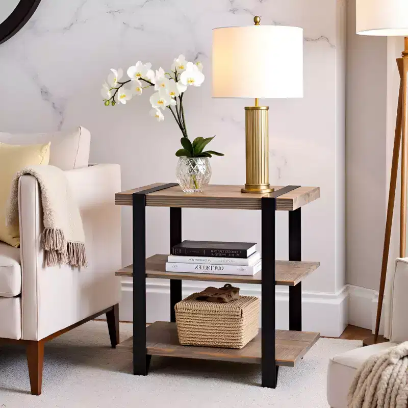 27" Modesto Wide 2 Shelf End Table with Metal Strap, Wood - Alaterre Furniture: Rustic Industrial Design, Black Frame