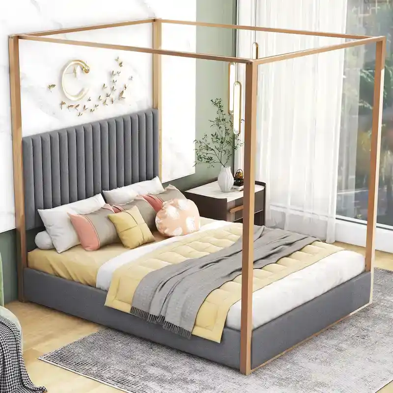 Queen Linen Canopy Bed with Headboard and Metal Frame