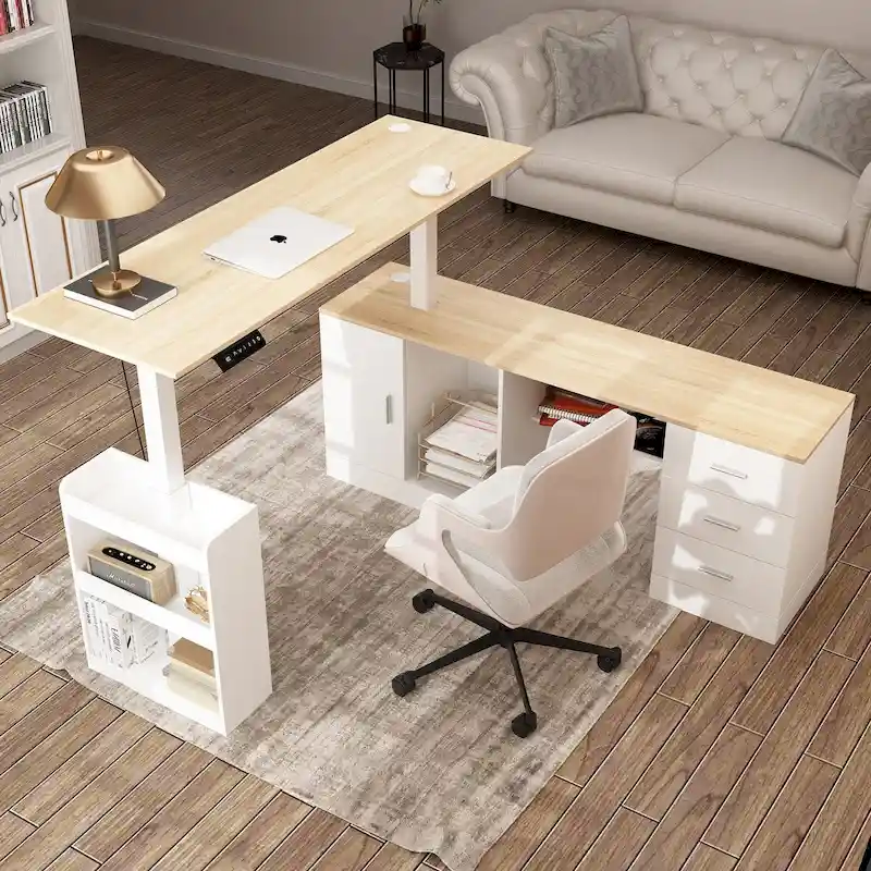 Height-Adjustable Home Office Desk with Storage, 63"W, 29.6"-45.3"H, Cabinet & Drawers, 2 Colors