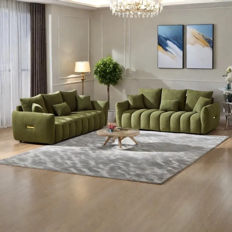 2-Pieces 6-Seat Teddy Fabric Sectional Sofa Set (3+3) with Wooden Frame & 6 Pillows