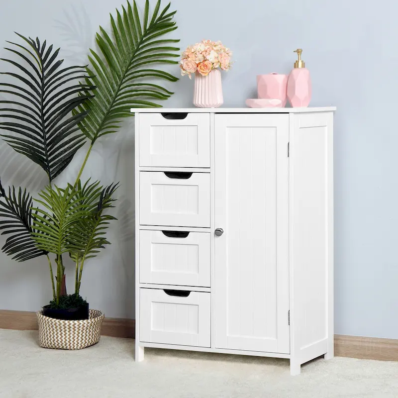 White Bathroom Storage Cabinet, Floor Cabinet with Adjustable Shelf and Drawers