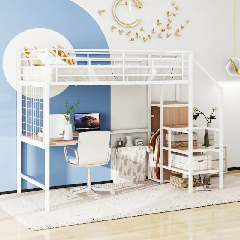 Full Size Metal Loft Bed with Desk and Metal Grid, Wardrobe